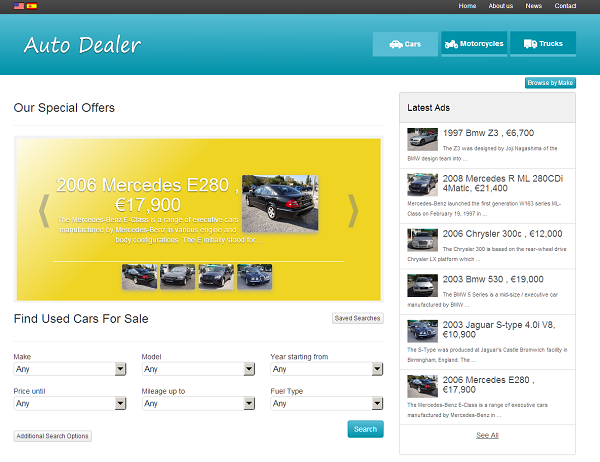 The home page of the front site php auto dealer