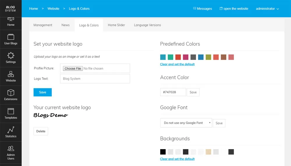 Manage the website font,  colors and background from the admin panel