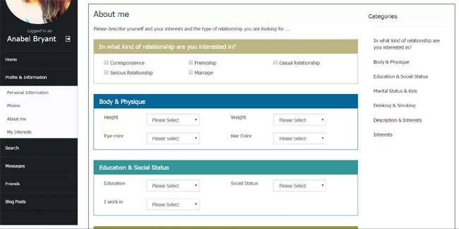 The About Me page in the user admin panel php dating site script