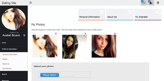 Uploading photos in the user admin panel php dating site script