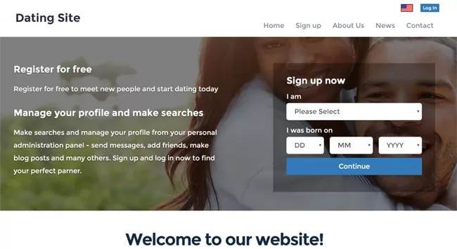 The home page of the front site php dating site script