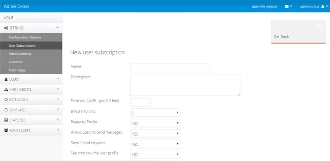 Adding new subscription in the admin panel php dating site script