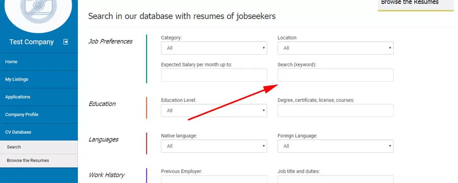 Boolean search mode in the CV database