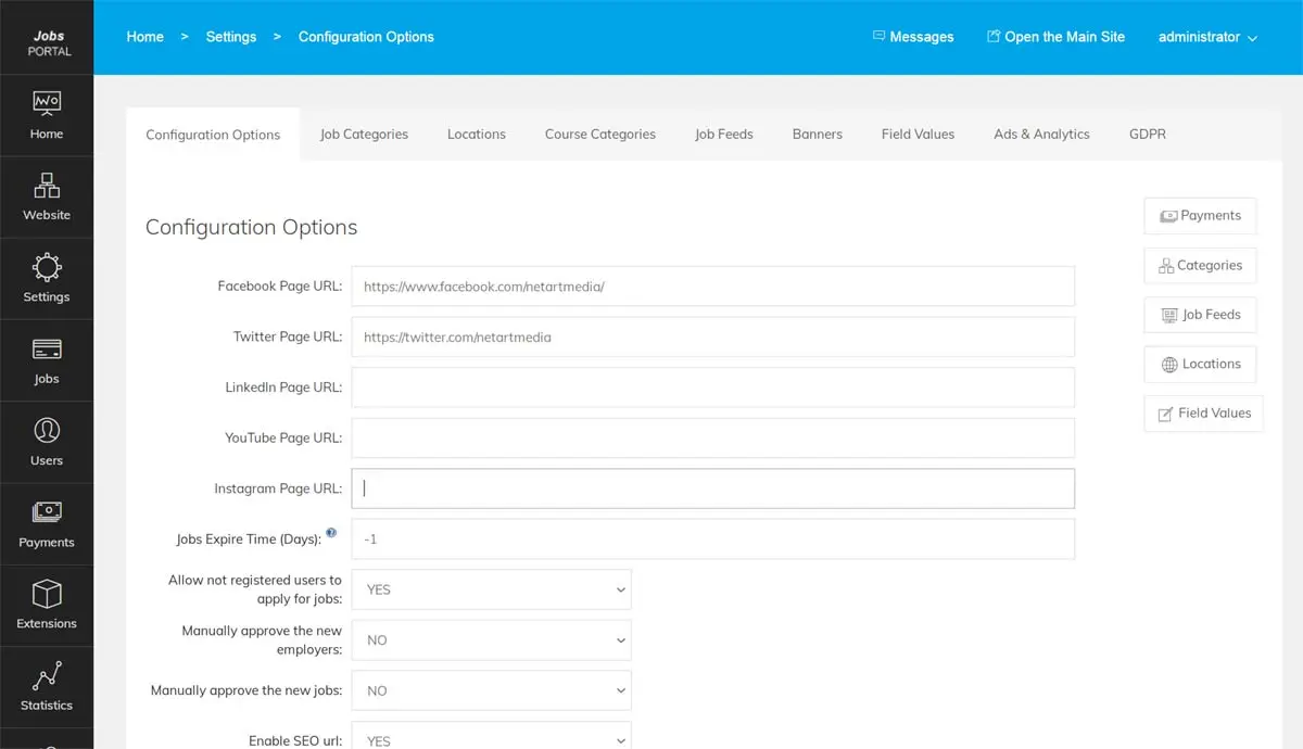 The Configuration Options page in the main administration panel php job script