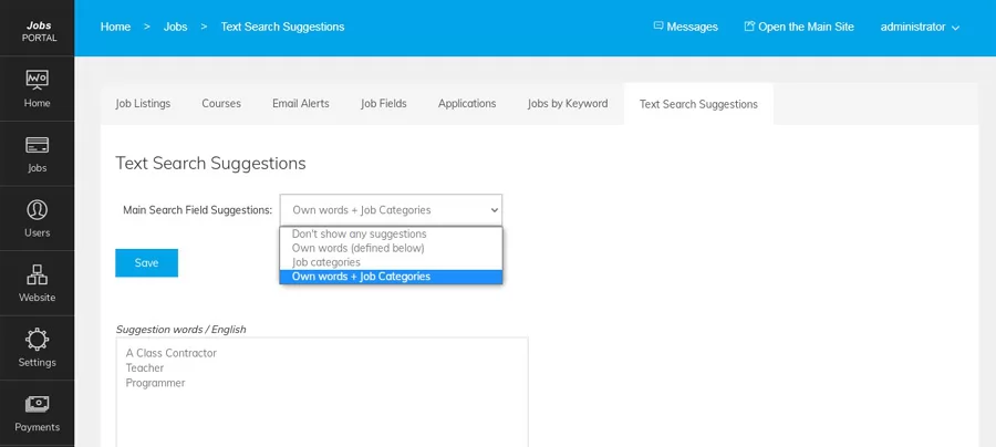 Improvements in the jobs text search suggestions functionality