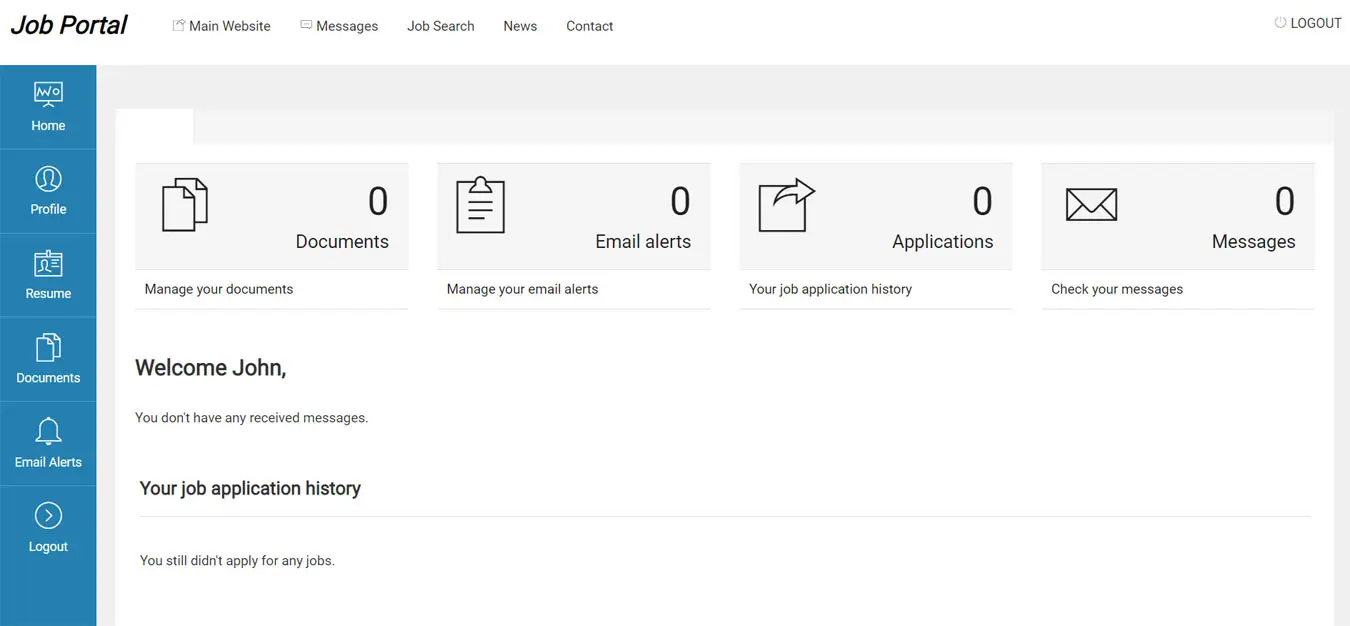 Dashboard of the job seekers administration panel php job script