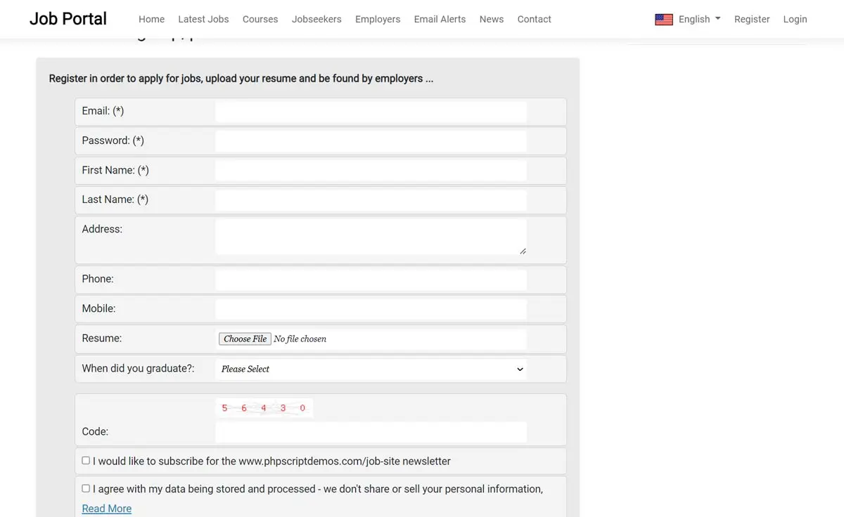 Jobseeker registration form php job script