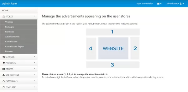 Advertisements page in the administration panel php mall script