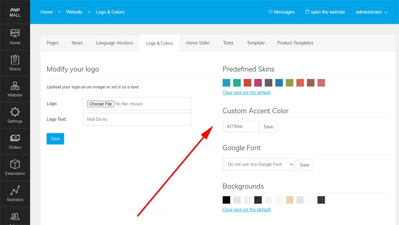 Easier colors,  fonts and background customization from the admin panel