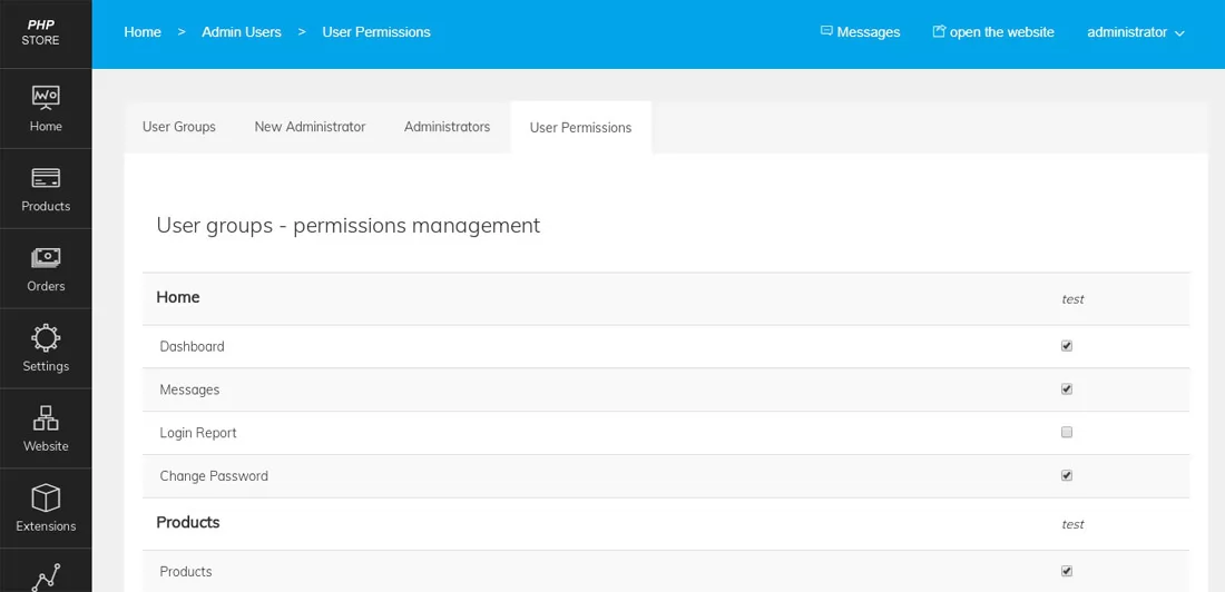 Administrator Users and Permissions php store script