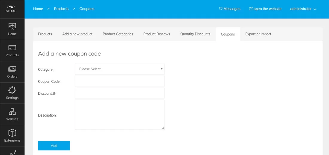 php store script Coupons Management