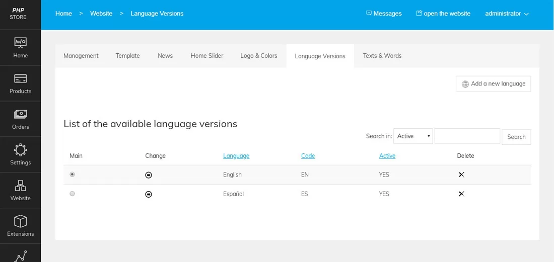 Language Versions php store script