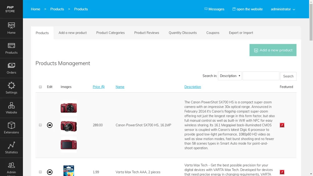 Products Management in the admin panel php store script