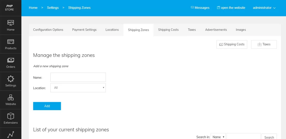 Shipping Zones and Costs php store script