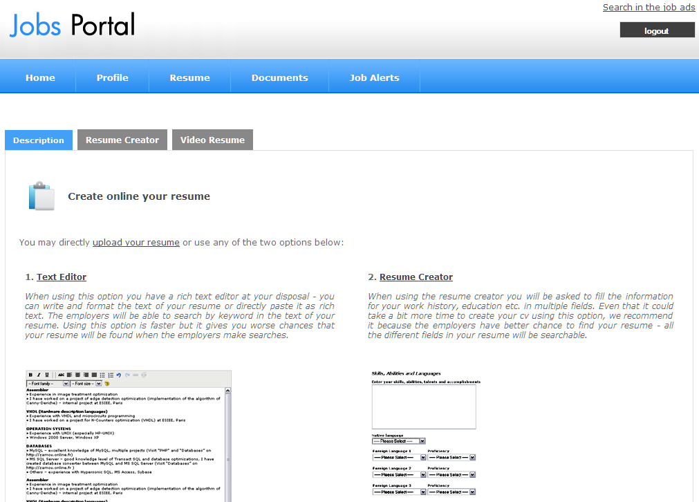 multi language jobs portal php script  resume creator video cv bank alerts