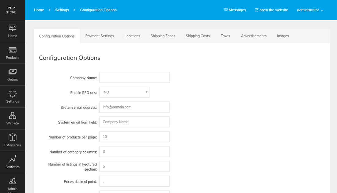 script de loja virtual php opções de configuração