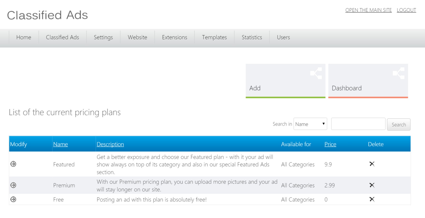 pricing plans management in the admin panel php classifieds script