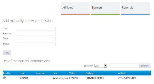 php affiliates module Commissions