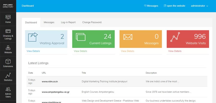 new administration panel PHP Links Directory