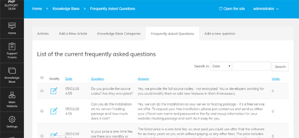 Add frequently asked questions and answers to be shown on the FAQ section of the main site php help desk