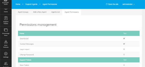 Add new support agent users and set their permissions for the different admin panel pages php help desk