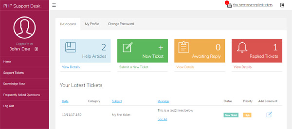 Complete help desk system - having different features for submitting and processing tickets, email notifications, manage a knowledge base with articles, frequently asked questions and others php help desk
