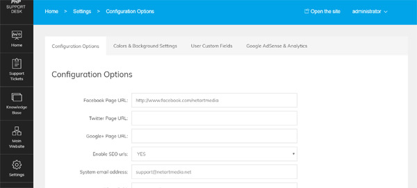 Manage the different website configuration options like time zone, social media pages, SEO urls, SMTP server configuration and others php help desk
