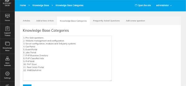 Define knowledge base categories and let the users browse the articles by category or search them php help desk