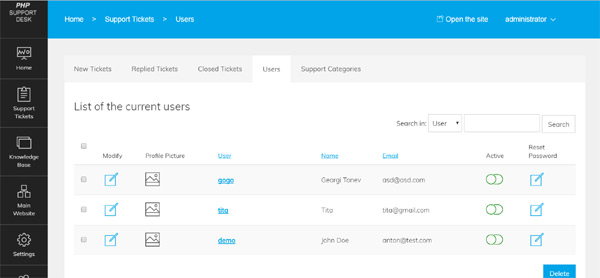 Monitor and manage the registered users on the main site php help desk