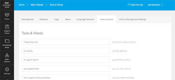 Edit the texts and words showing up on the user interface from the admin panel php help desk