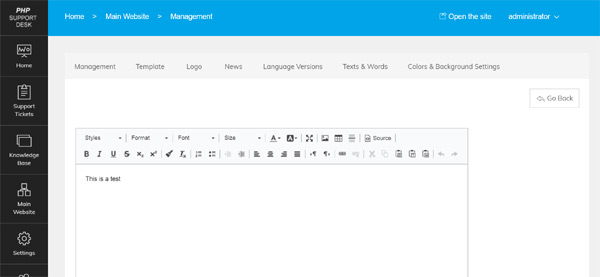 Edit the content of the website pages with a WYSIWYG editor and add custom content to them php help desk