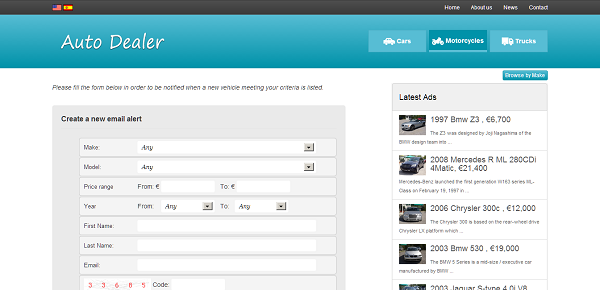 php auto dealer creating new email alerts on the front site