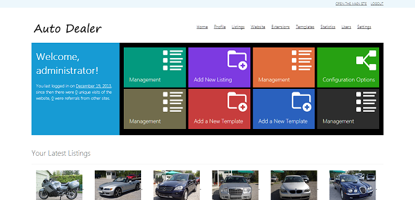 php auto dealer home page of the admin panel