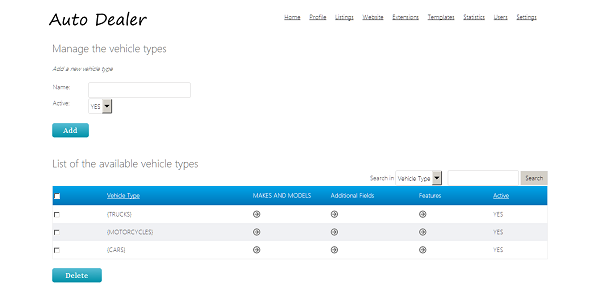 php auto dealer Vehicle types,  fields,  makes and models management