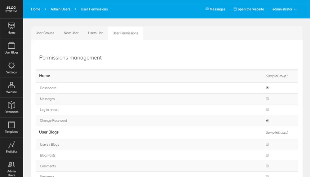 Usuarios y permisos de administrador script de blog php