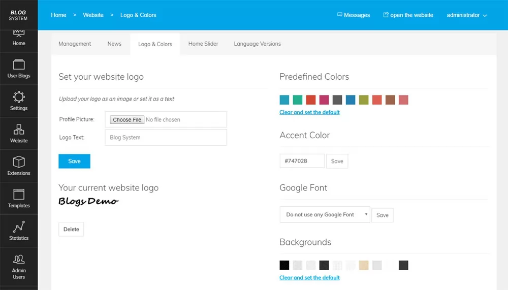 php blog script Manage the website font,  colors and background from the admin panel