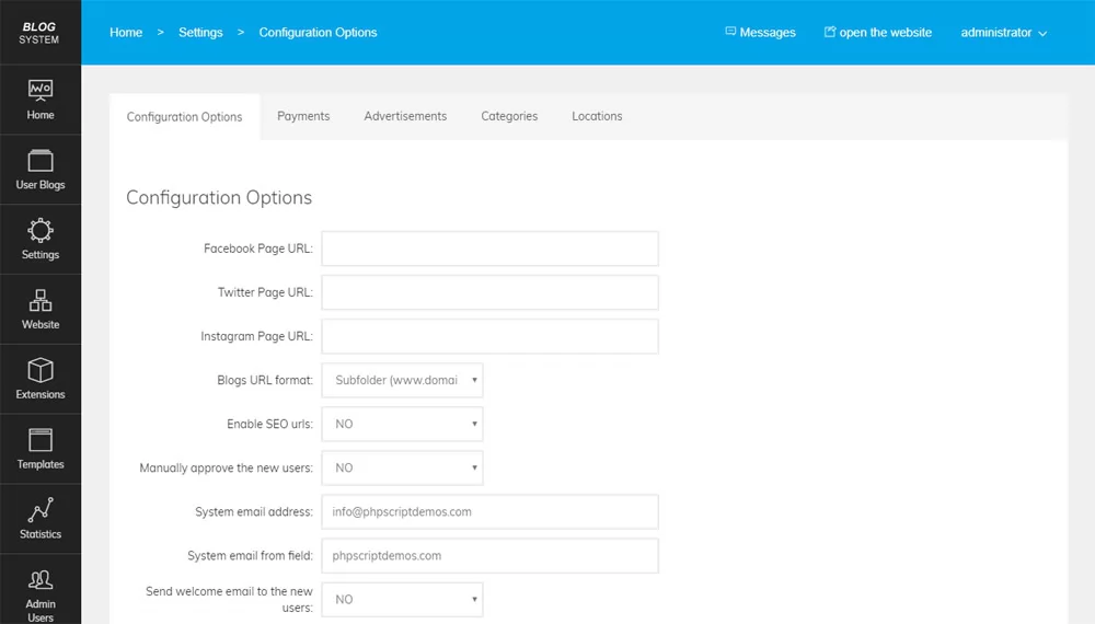 script de blog php Opciones de configuración