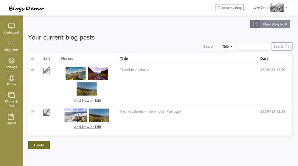 php blog script blog posts in the users admin panel