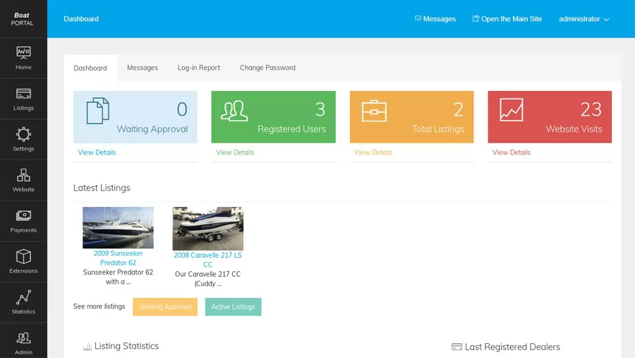 php boat classifieds script Dashboard of the administration panel