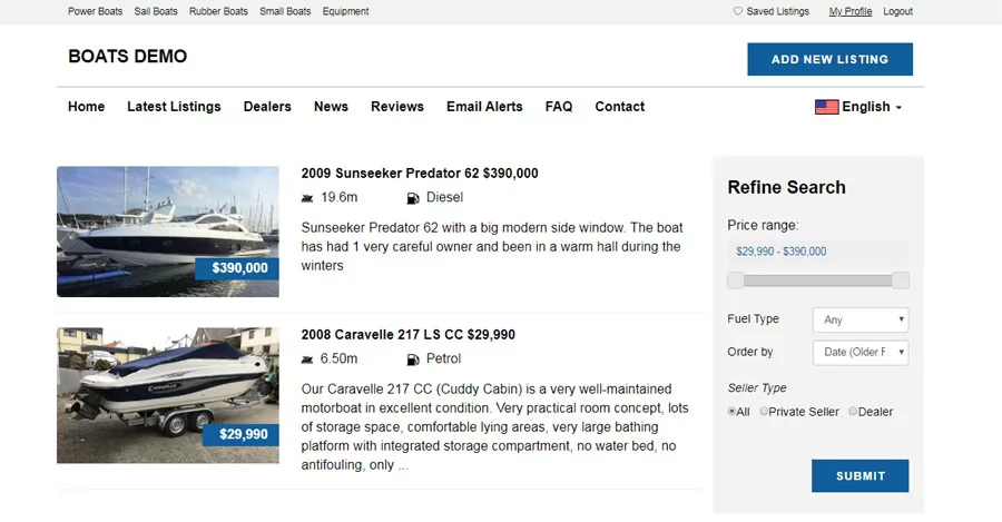 php boat classifieds script search results
