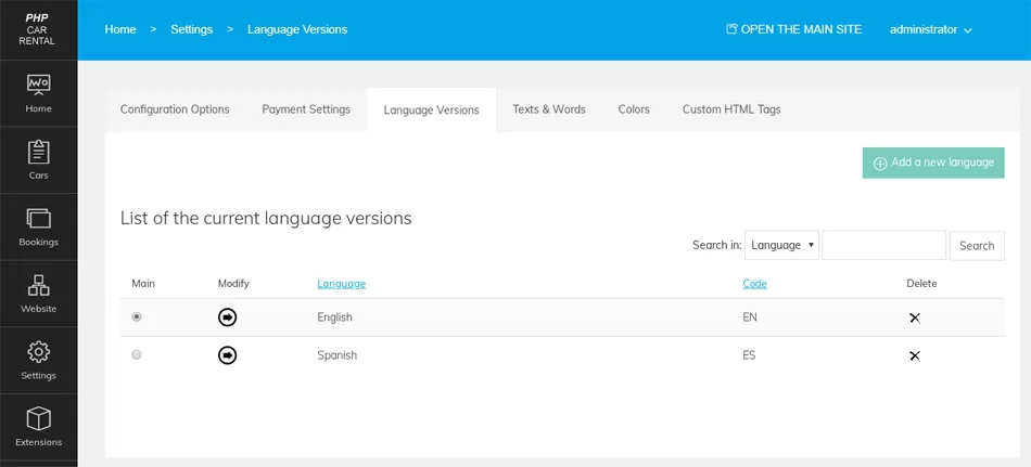 php car rental script Adding new languages