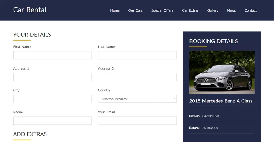 php car rental script Booking form
