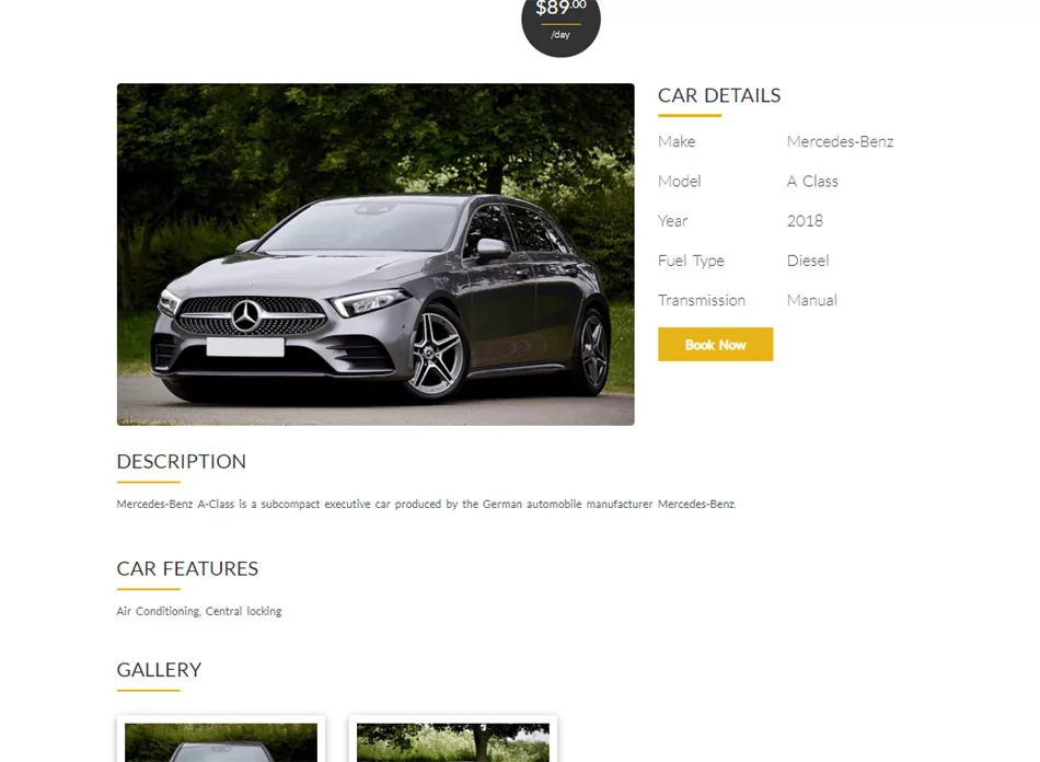 php car rental script Car details page