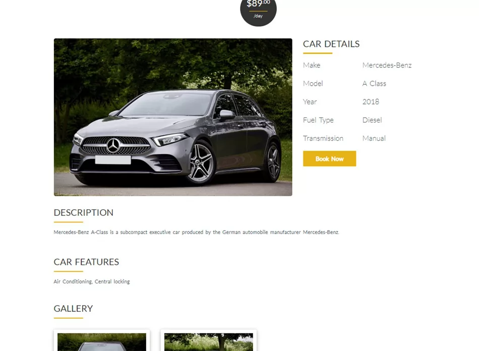 Car details page php car rental script