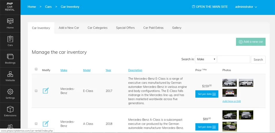 php car rental script Managing the car inventory