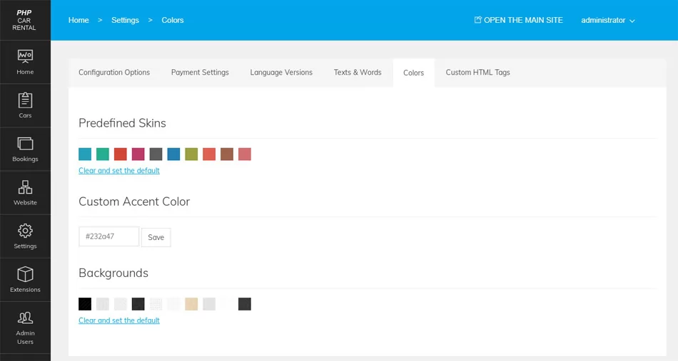 php car rental script Customizing the site colors from the admin panel