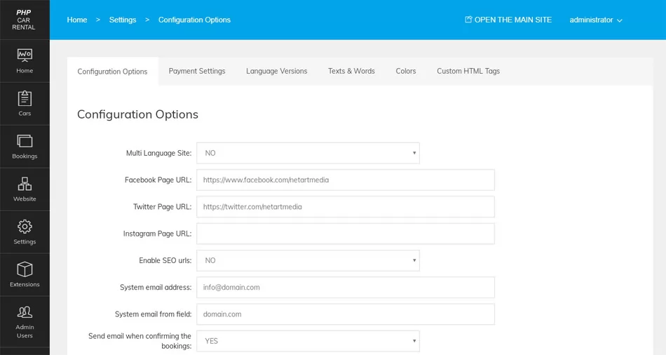 Configuration options php car rental script