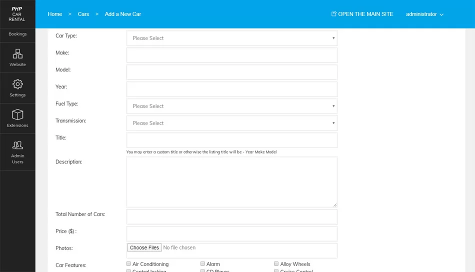 php car rental script The form for adding new cars