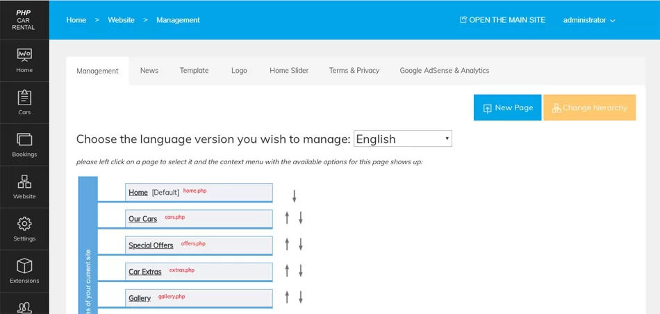 Managing the website pages php car rental script