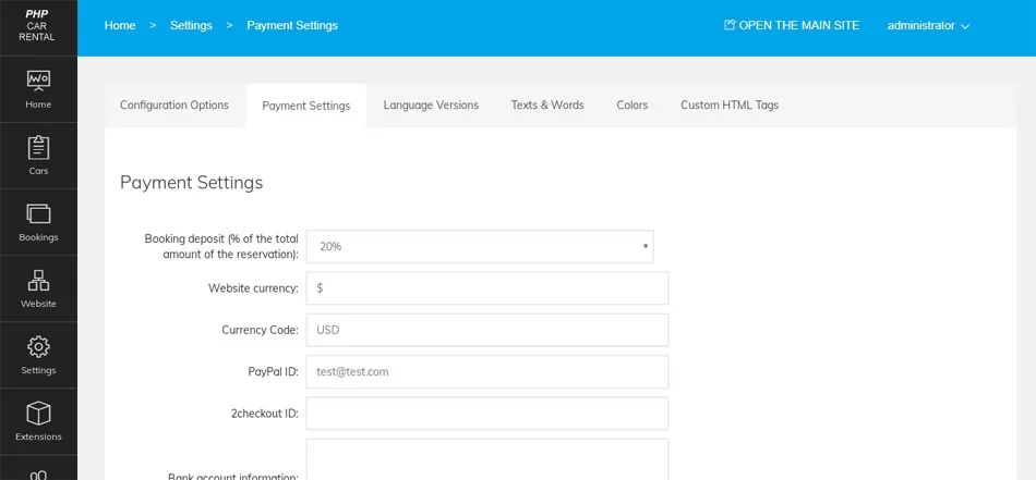 php car rental script Payment Settings